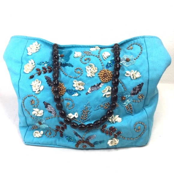 Spiegel 100% Cotton, Sea Shells, Beads and Sequins Embellished Turquoise Bag. - Picture 1 of 10